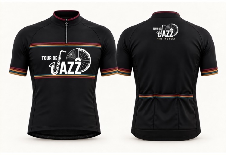 Tour de Jazz -pyöräilypaidan etu- ja takapuolen havainnekuva: musta pohja, virallinen logo ja hillityt väriraidat.